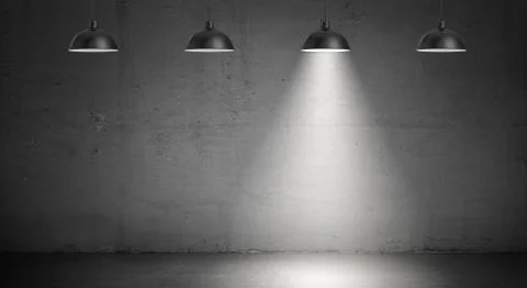 3d rendering of a set of four industrial lamps hanging on a concrete wall Stock Illustration