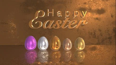3D rendering. Set of gold metallic eggs on reflection shadow rough floor, Hap Stock Illustration