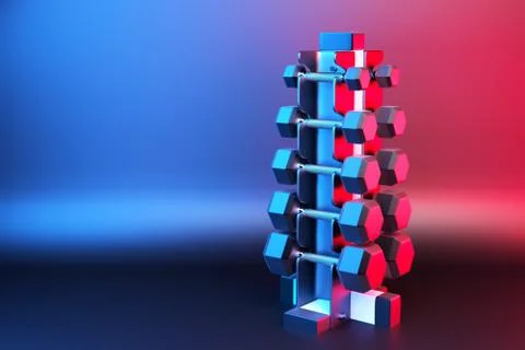 3D rendering. Set of isolated dumbbells for sport on a background folded on a Stock Photos