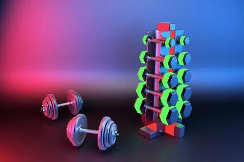 3D rendering. Set of isolated dumbbells for sport on a background folded on a Stock Photos
