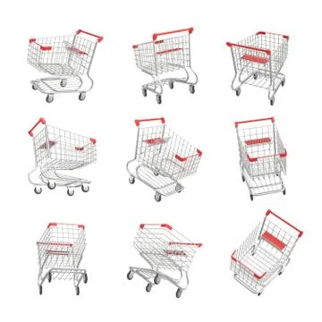 3d rendering of a set of isometric shopping carts on white background. Stock Illustration