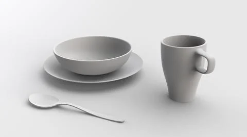3d rendering a set of kitchen utensils. Mug, plates and spoon Illustrazione stock