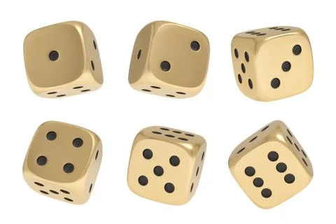 3d rendering of a set made up of nine golden game dice in different sides and Stock Illustration