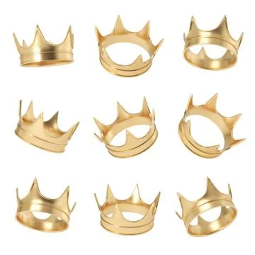 3d rendering of a set made up of several golden crowns hanging on a white Stock Illustration