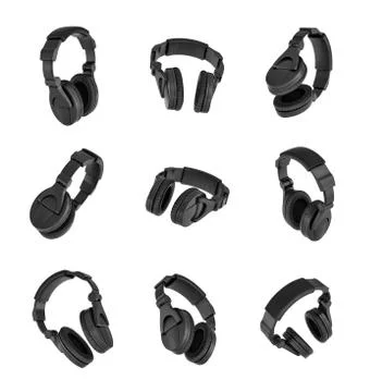 3d rendering of a set of many black headphones in different angles on white Stock Illustration