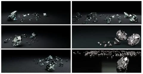 3D Rendering  set of many size diamonds on dark gray  surface Stock Illustration