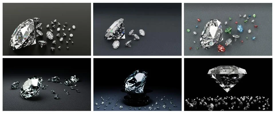 3D Rendering  set of many size diamonds on dark gray  surface Stock Illustration