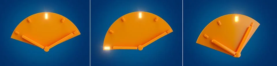3D rendering of a set of orange clocks showing different time Illustrazione stock