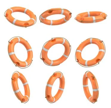 3d rendering of a set of orange life buoys hanging over a white background in Stock Illustration