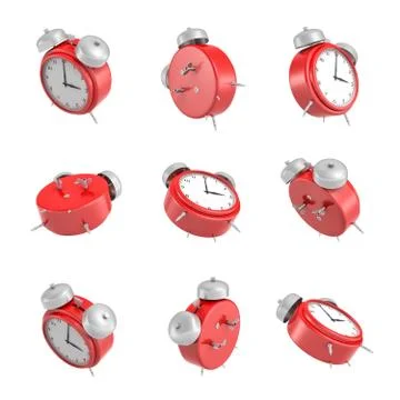 3d rendering of set of red vintage alarm clock with double metal bells isolated Stock Illustration