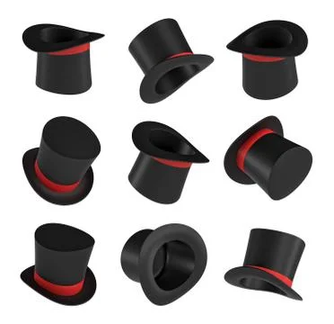3d rendering of a set of several black magician's hats with one red stripe in Stock Illustration