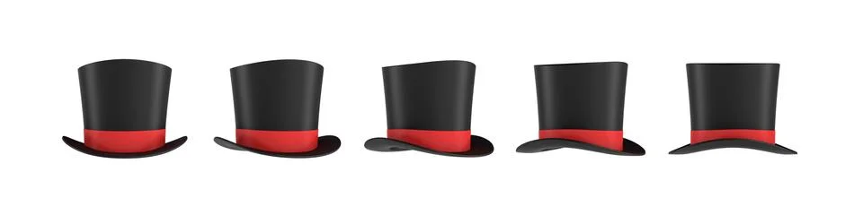 3d rendering of a set of several black magician's hats with one red stripe in Ilustración de archivo