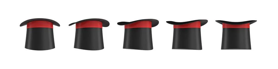 3d rendering of a set of several black magician's hats with one red stripe in イラスト素材