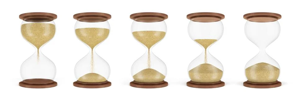 3d rendering of a set of several hourglasses standing in one row with the sand Stock Illustration