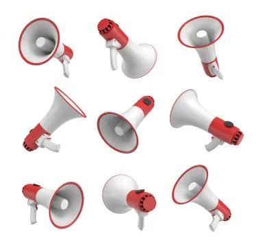 3d rendering of a set of several white and red megaphones in different angles on Illustrazione stock