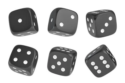 3d rendering of a set of six black dice with white dots hanging in half turn Stock Illustration