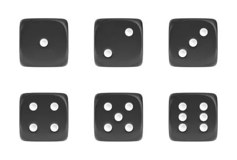 3d rendering of a set of six black dice in front view with white dots showing Stock Illustration