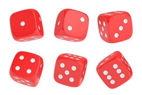 3d rendering of a set of six red dice with white dots hanging in half turn Stock Illustration
