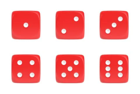 3d rendering of a set of six red dice in front view with white dots showing Stock Illustration