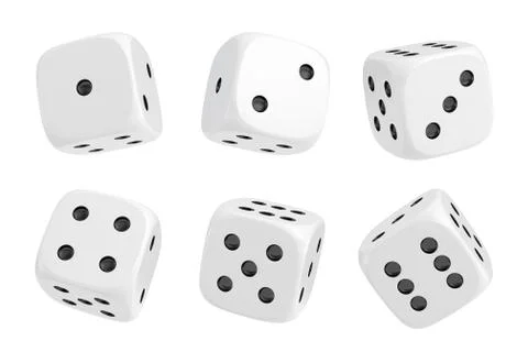 3d rendering of a set of six white dice with black dots hanging in half turn Ilustración de archivo