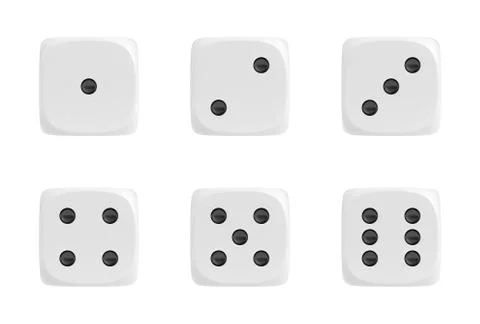 3d rendering of a set of six white dice in front view with black dots showing Stock Illustration