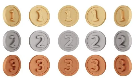 3D Rendering set of spinning gold silver bronze medals rotate in different .. Stock Illustration