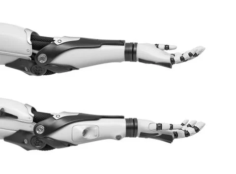 3d rendering of set of two black and white robotic hands with open palms turned Stock Illustration