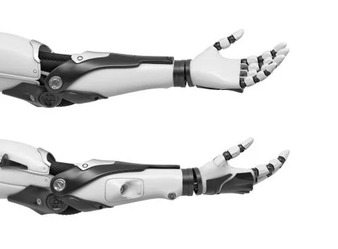 3d rendering of set of two black and white robotic hands with palms open and Ilustración de archivo