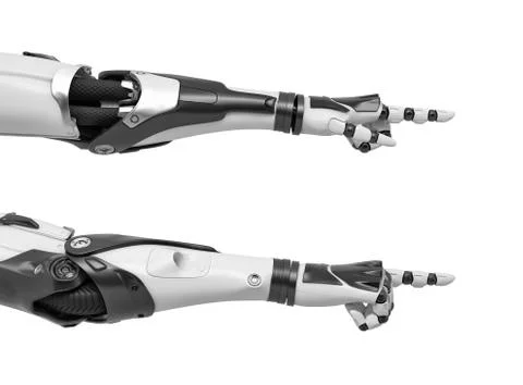 3d rendering of set of two black and white robotic hands with the pointing Stock Illustration