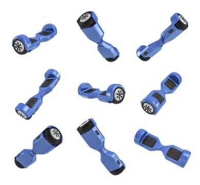 3d rendering of several blue self-balancing scooters in different angles Stock-Illustration