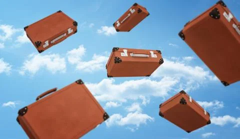 3d rendering of a several brown retro suitcases closed with buckles flying on Stock Illustration