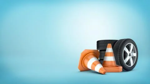 3d rendering of a several car wheels stacked on one another beside several Stock Illustration