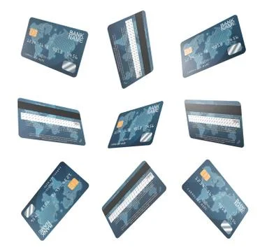 3d rendering of several identical generic credit cards shown in various angle in Stock Illustration