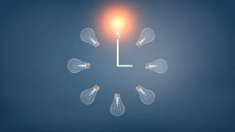3d rendering of a several incandescent light bulbs arranged in the clock shape Stock Illustration