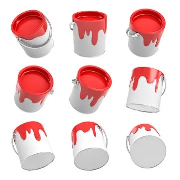 3d rendering of several paint buckets with leaking red paint in different angles Stock Illustration