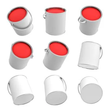 3d rendering of several paint buckets with red paint in different angles on a Stock Illustration