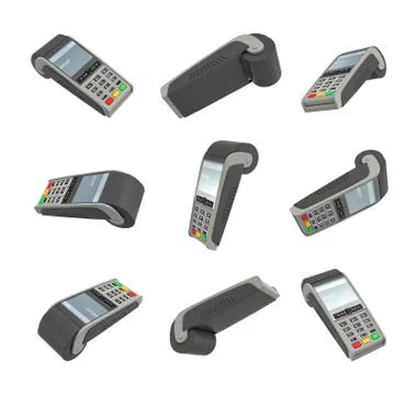 3d rendering of several randomly placed payment terminals on white background. Illustrazione stock