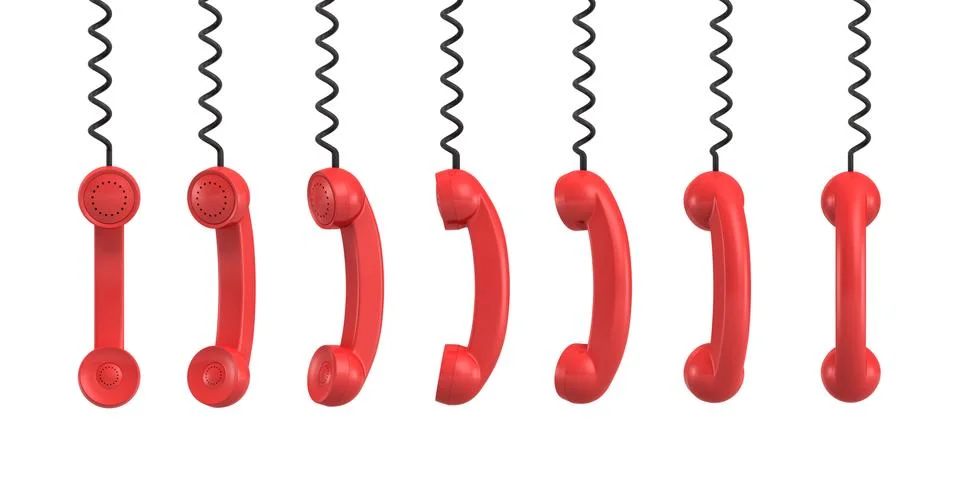 3d rendering of several red retro phone receivers hanging from their black cords Stock Illustration