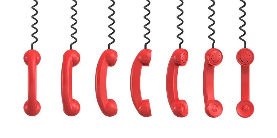 3d rendering of several red retro phone receivers hanging from their black cords 스톡 일러스트