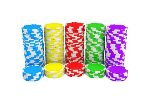 3d rendering of several stacks of gambling chips in green, yellow, red, blue and Stock Illustration