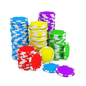 3d rendering of several stacks of gambling chips in green, yellow, red, blue and Stock Illustration