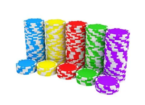 3d rendering of several stacks of gambling chips in green, yellow, red, blue and Stock Illustration