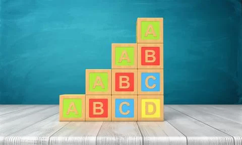 3d rendering of a several toy blocks with letters A, B, C and D in a stairs Stock Illustration