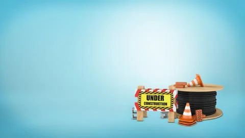 3d rendering of a several traffic cones, red and gray bricks, a full drum of 스톡 일러스트