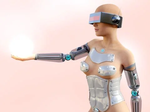 3D rendering of a sexy female android robot holding energy sphere. Stock Illustration