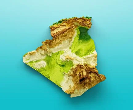 3d rendering of a shaded relief map of Algeria on blue sea background イラスト素材