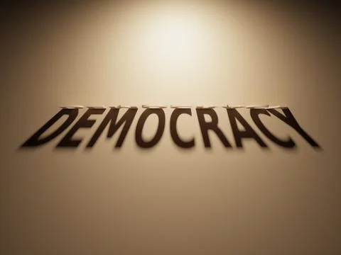 A 3D Rendering of the Shadow of an upside down text that reads Democracy Stock Illustration