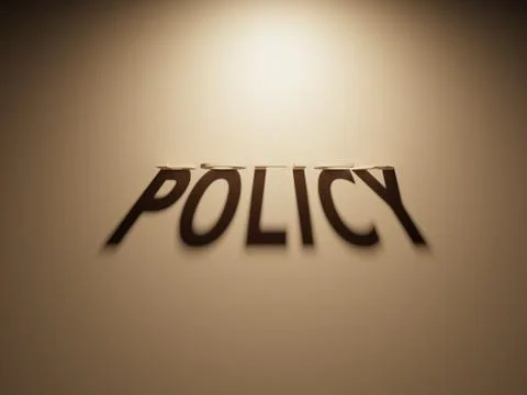 A 3D Rendering of the Shadow of an upside down text that reads Policy. Stock Illustration