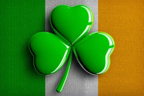 3D rendering of a shamrock clover against the background of the flag of Irela Stock Illustration