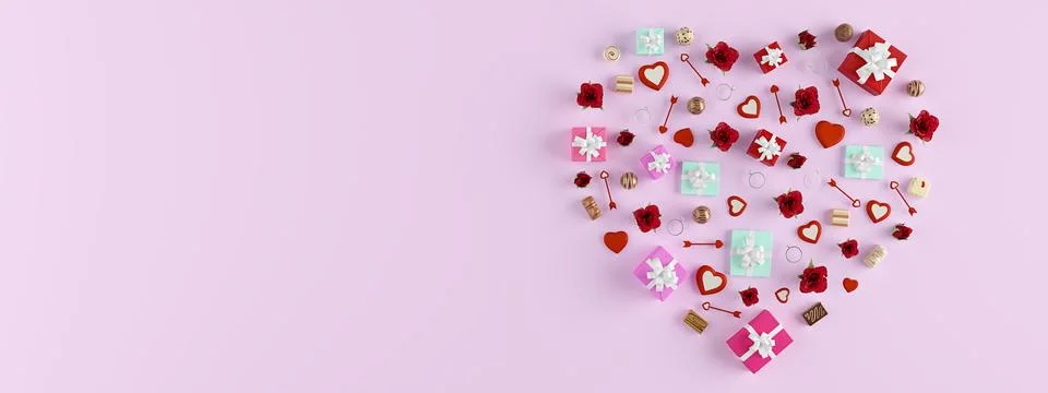 3d rendering. shape of a heart with lots of presents. valentines day Illustrazione stock
